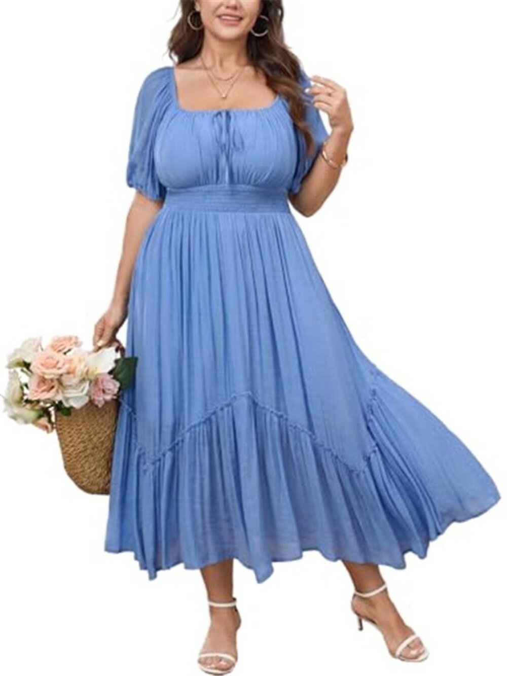 Women's Plus Size Dress Short Sleeve Tie Front Ruffle Hem Boho Maxi Dress